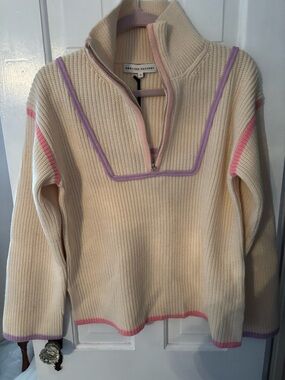 English Factory Cream Zip-Neck Sweater with Pink & Lavender Trim NWT